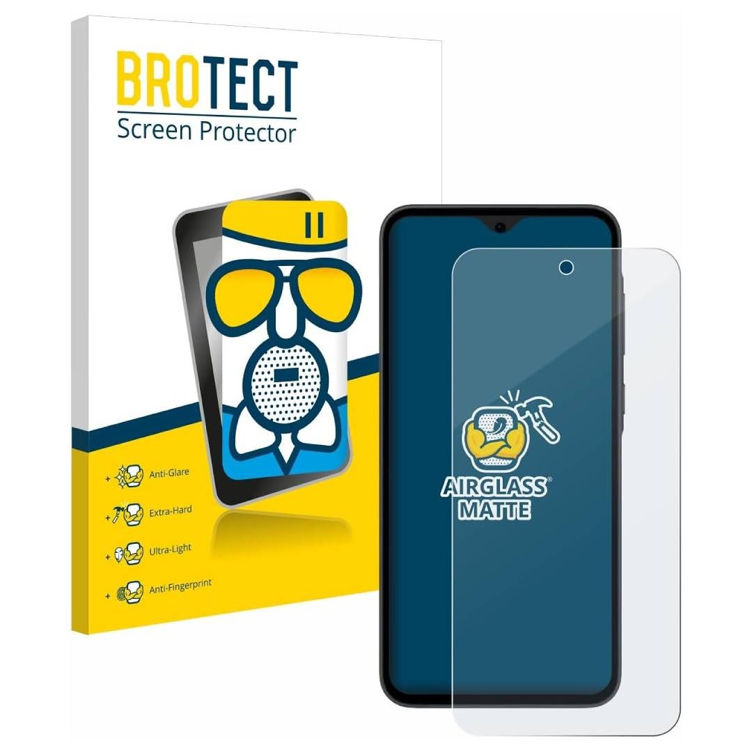 Uma renderização do protetor de tela Brotect Anti-Glare para o Galaxy A35 e sua caixa