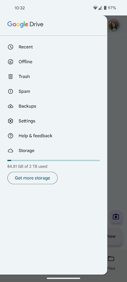menu de configurações do Google Drive no Android
