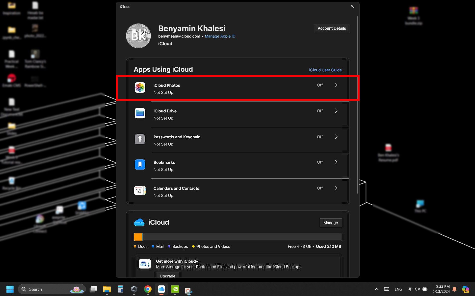 Uma captura de tela das configurações do iCloud em uma área de trabalho do Windows