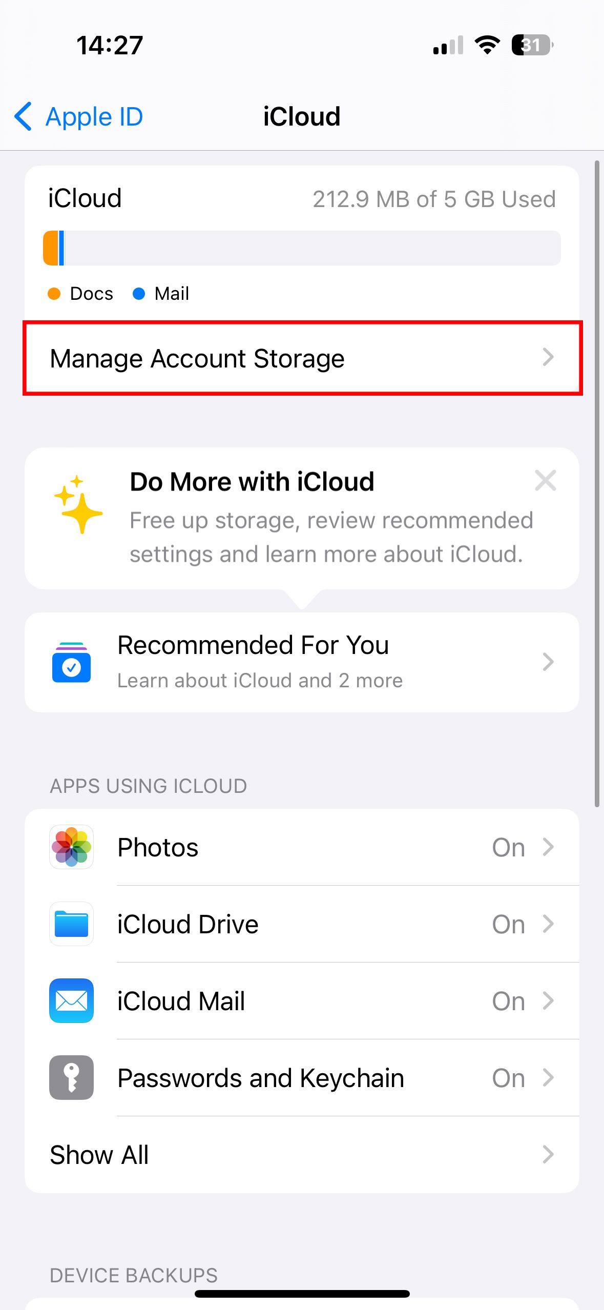 Opção para "Gerenciar armazenamento de conta" nas configurações do iCloud