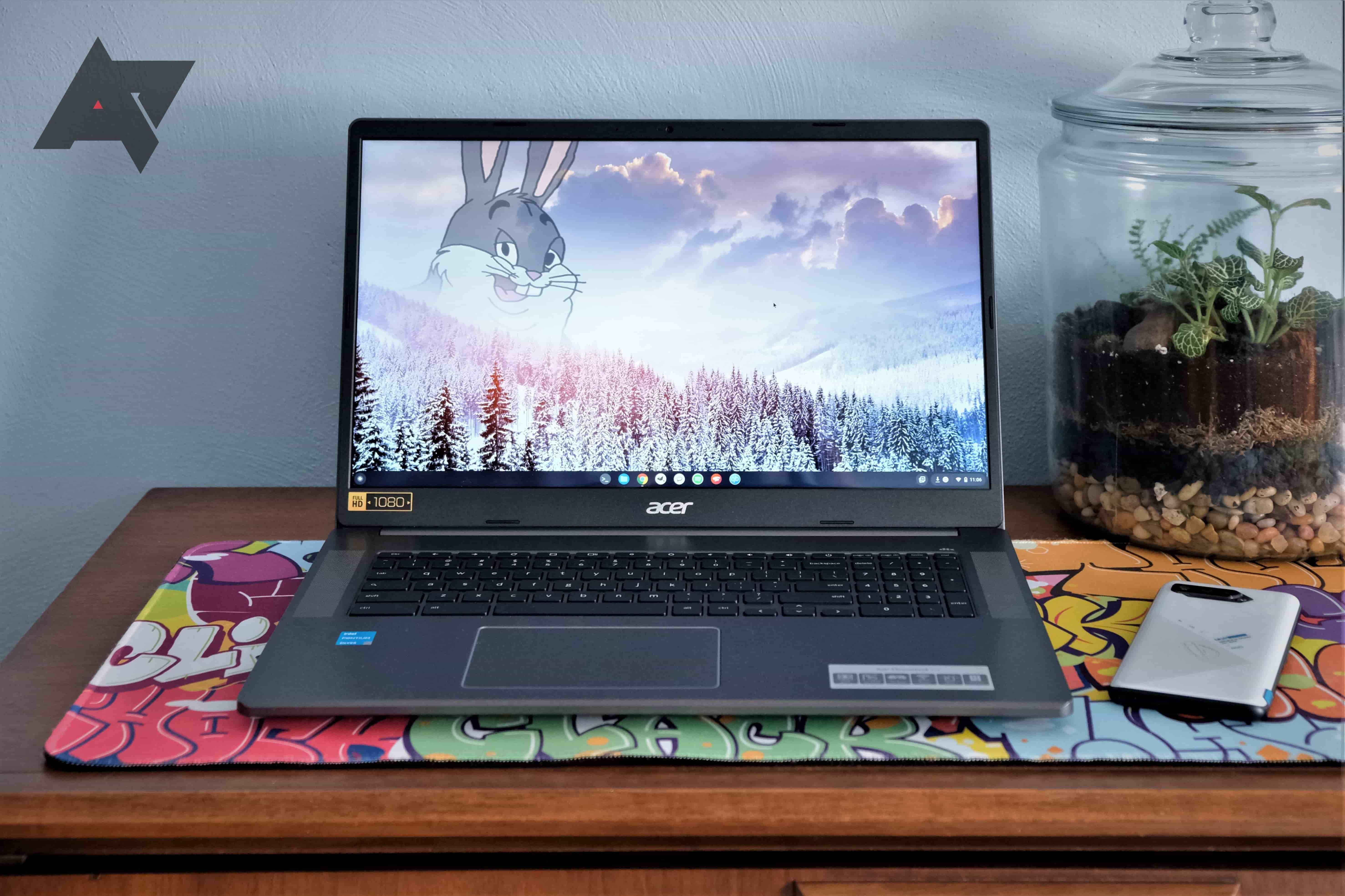 Um Acer Chromebook 317 em uma mesa de madeira com uma planta e um telefone ao lado e uma parede azul no fundo e uma imagem de uma montanha com Big Chungus nela