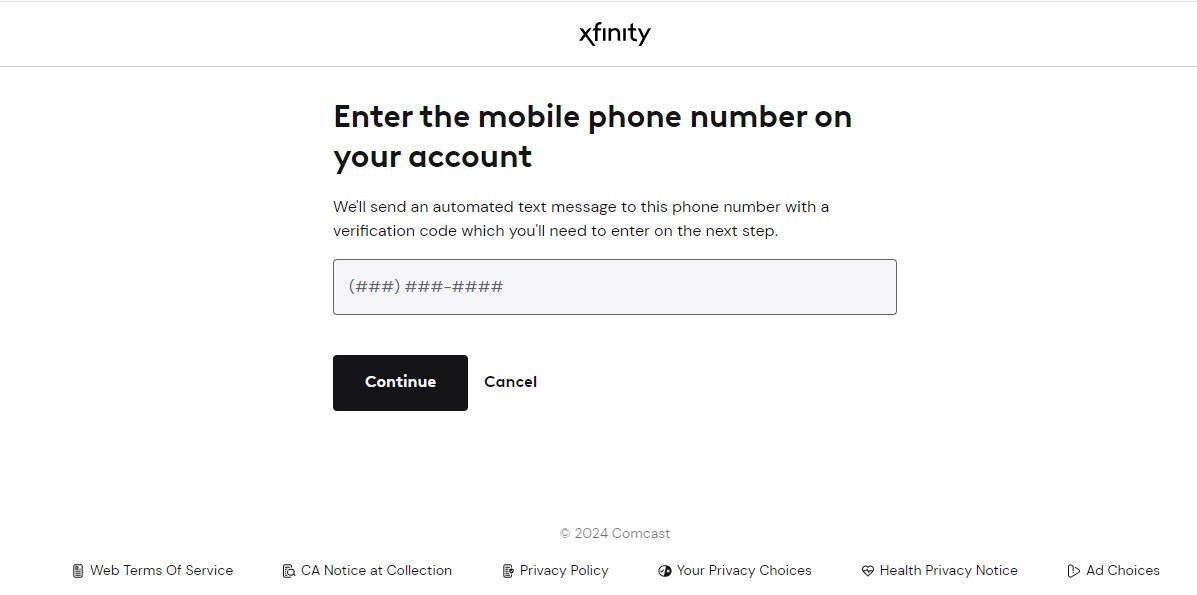 Captura de tela da tela de login do celular no site do Xfinity