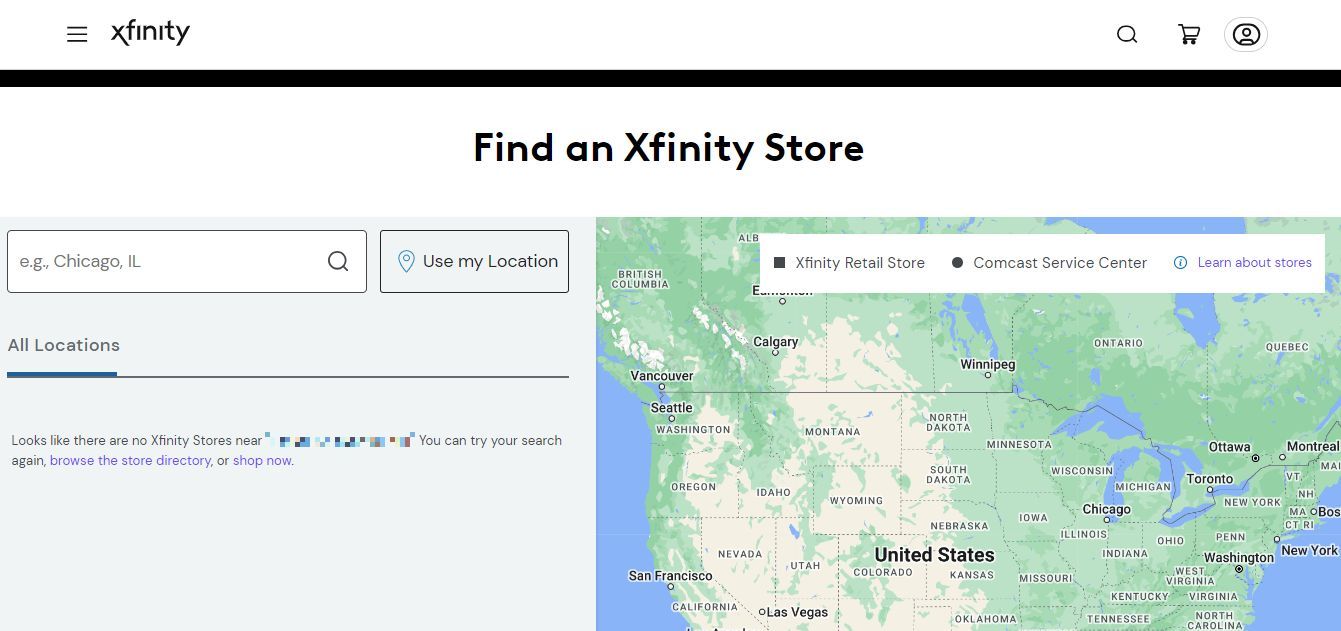 Captura de tela do localizador de lojas no site Xfinity