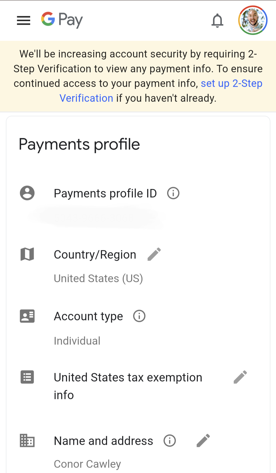 Captura de tela do perfil de pagamento da Carteira virtual do Google