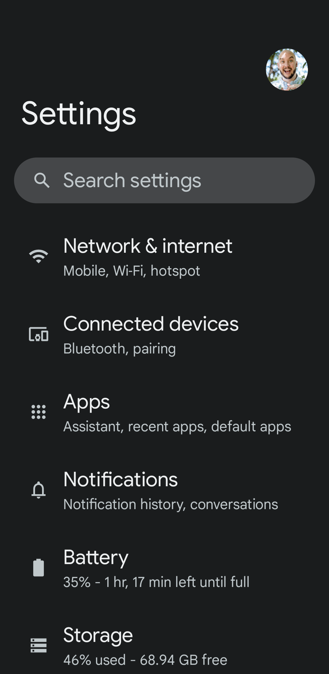 Captura de tela da tela de configurações do Android