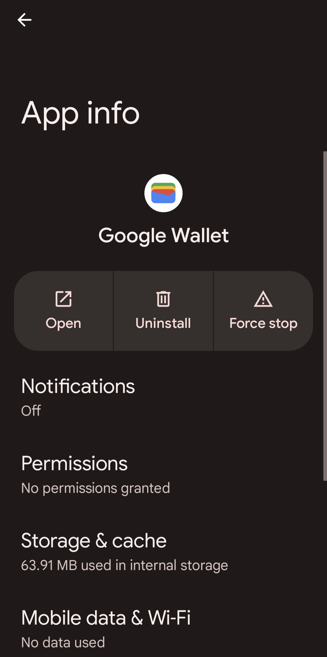 Captura de tela das configurações do aplicativo Google Wallet