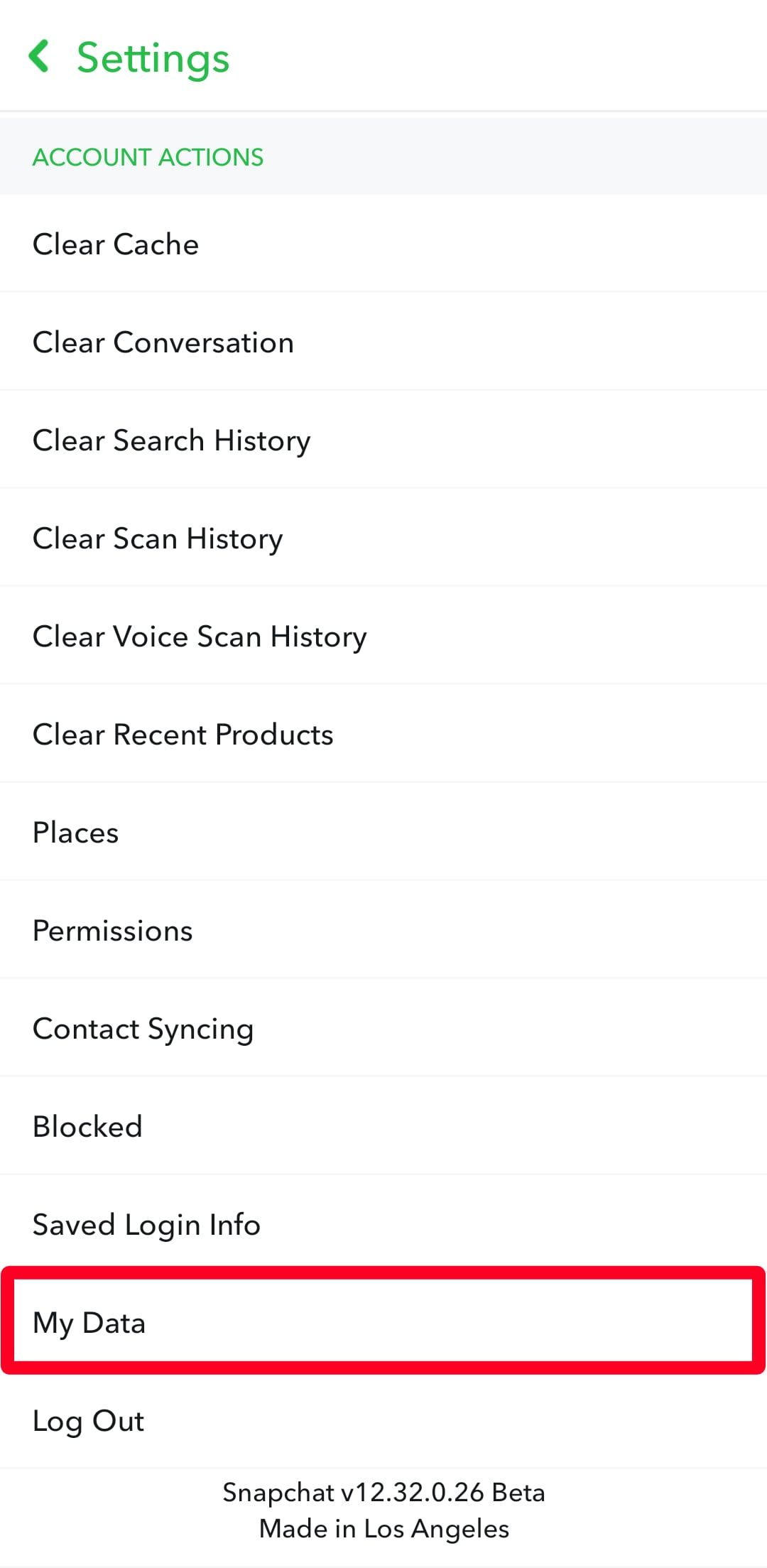 Opção Snapchat Meus dados no menu Configurações