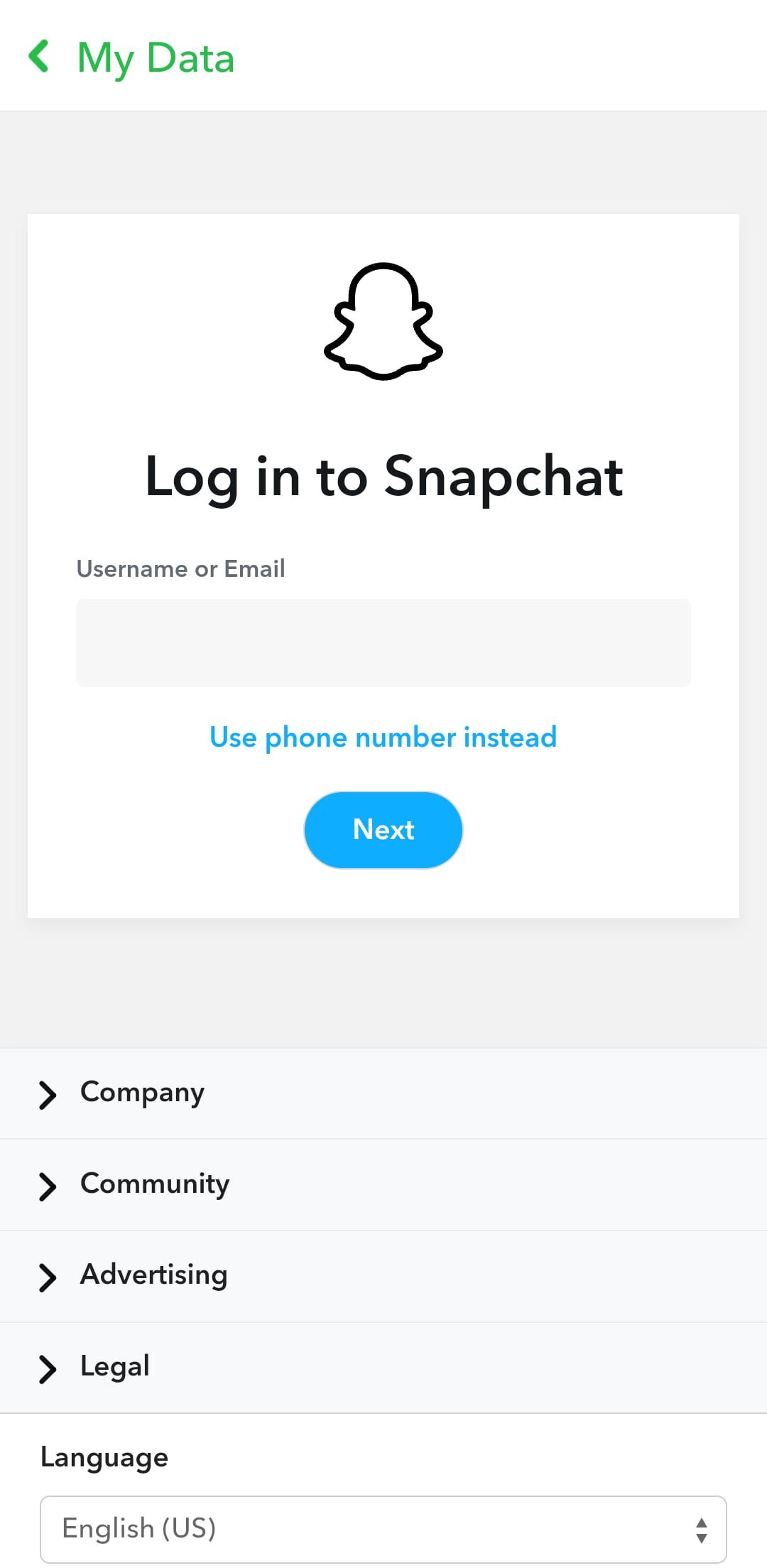 Página de login do Snapchat no aplicativo móvel