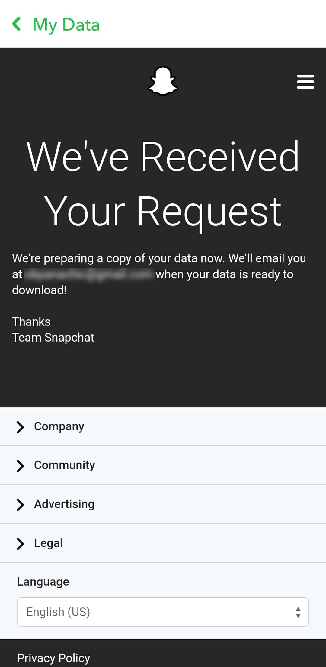 Mensagem de confirmação de solicitação de dados do Snapchat