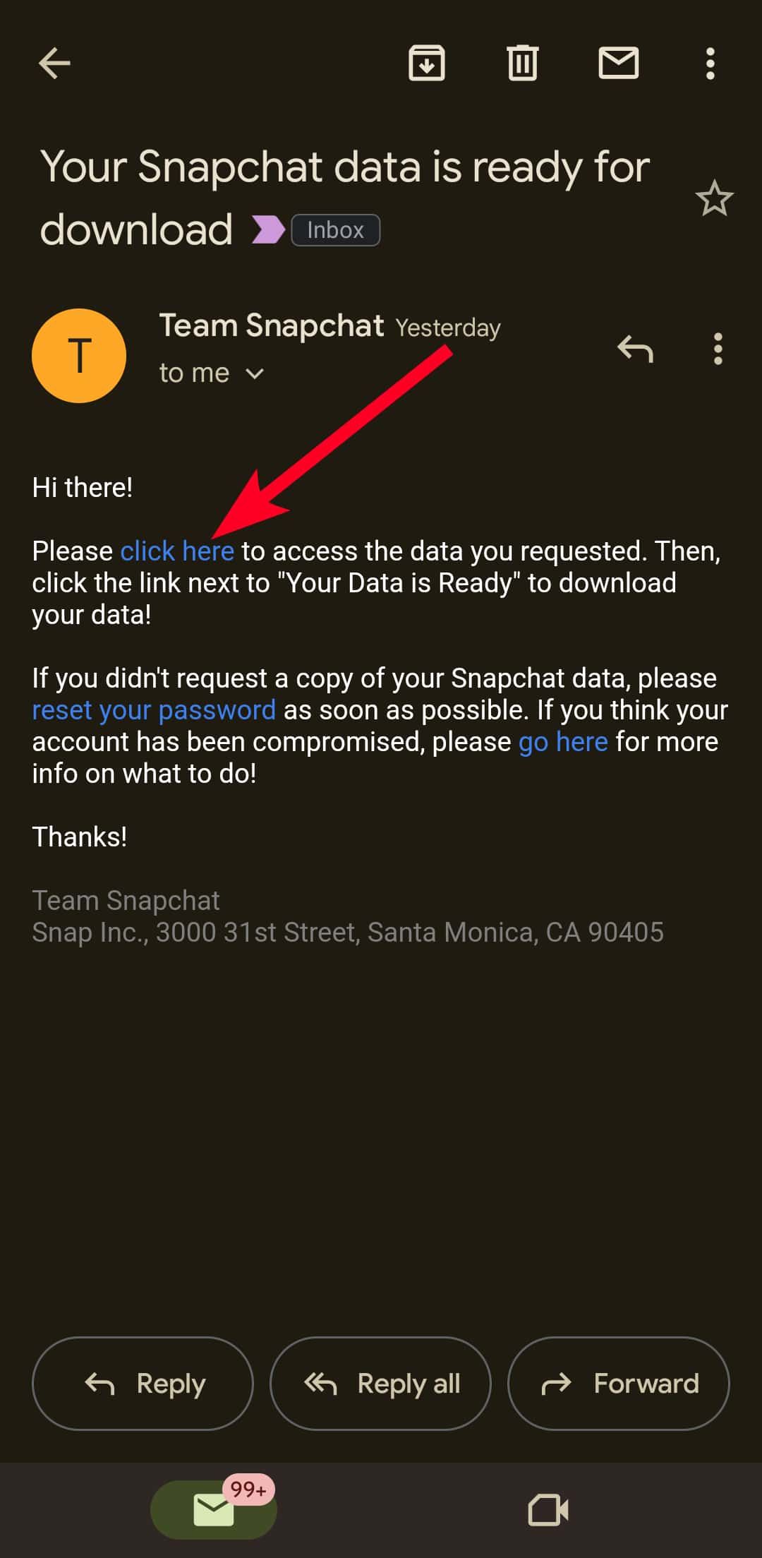 Seus dados do Snapchat estão prontos para e-mail