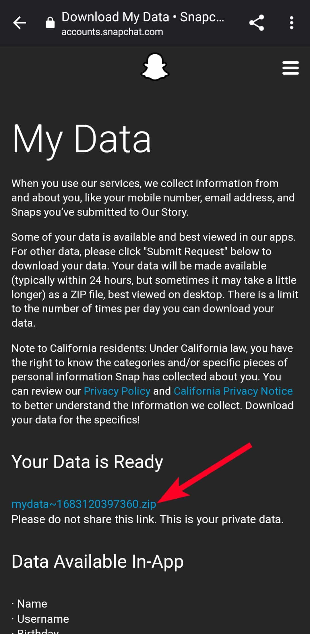 Arquivo ZIP para download no menu Meus Dados no Snapchat