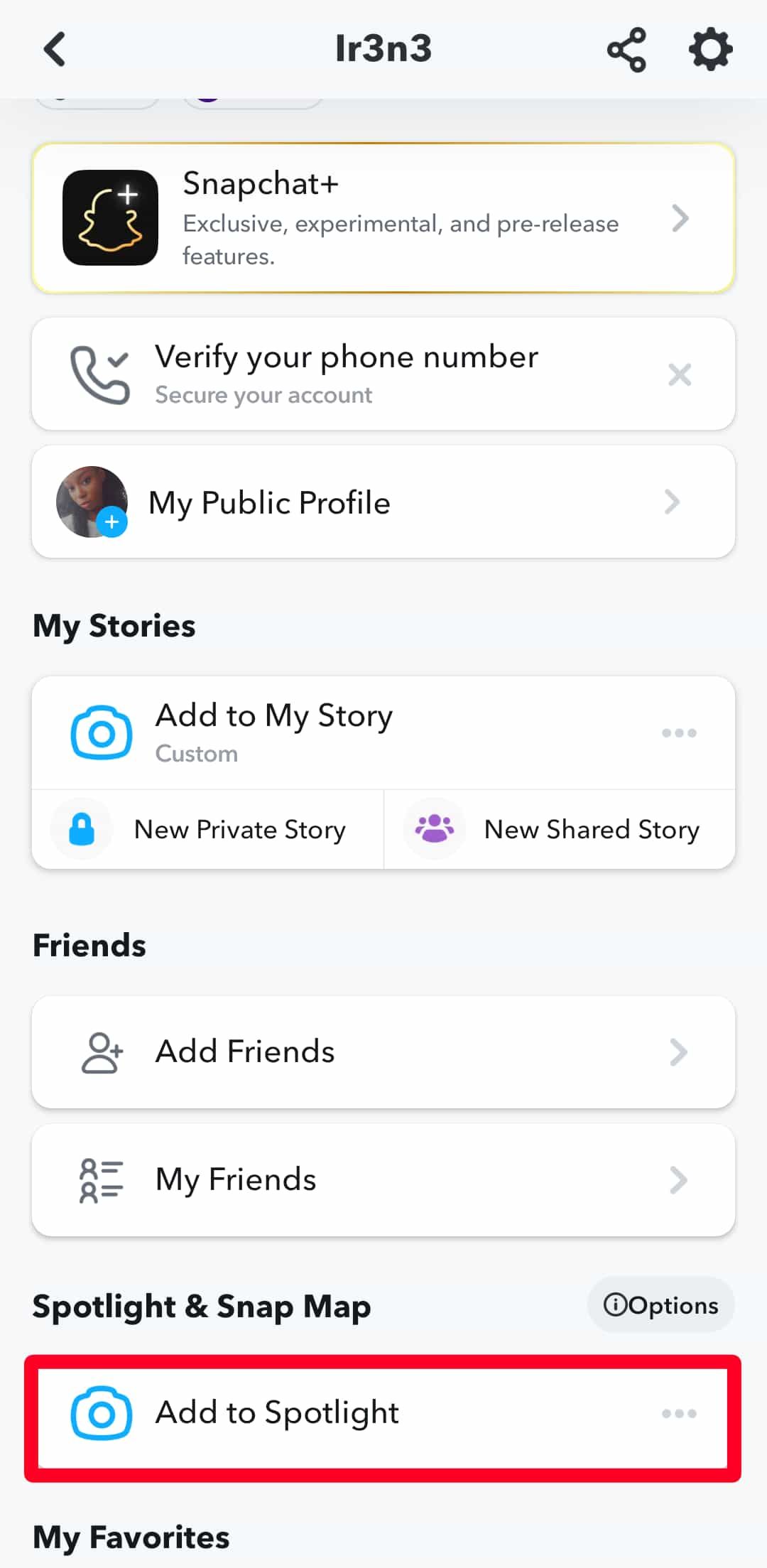 Opção Adicionar ao Spotlight no menu de perfil do Snapchat