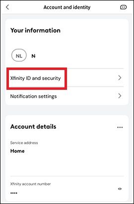 Captura de tela destacando Xfinity ID e segurança no aplicativo Xfinity