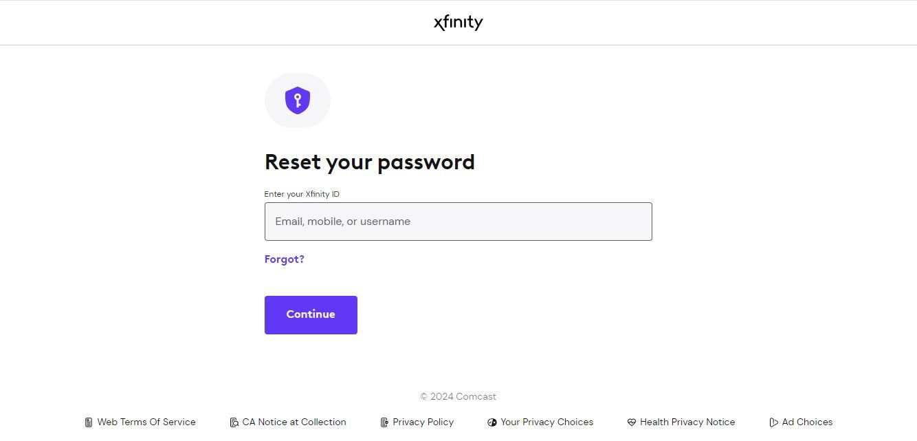 Captura de tela da página de redefinição de senha no site do Xfinity