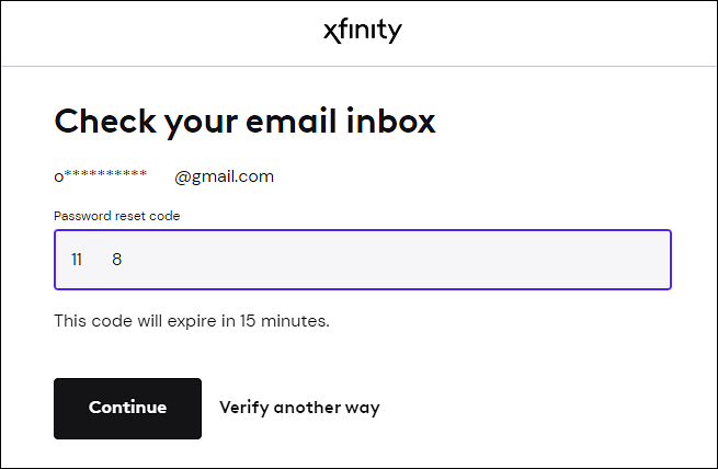 Captura de tela do código de redefinição de senha no site do Xfinity