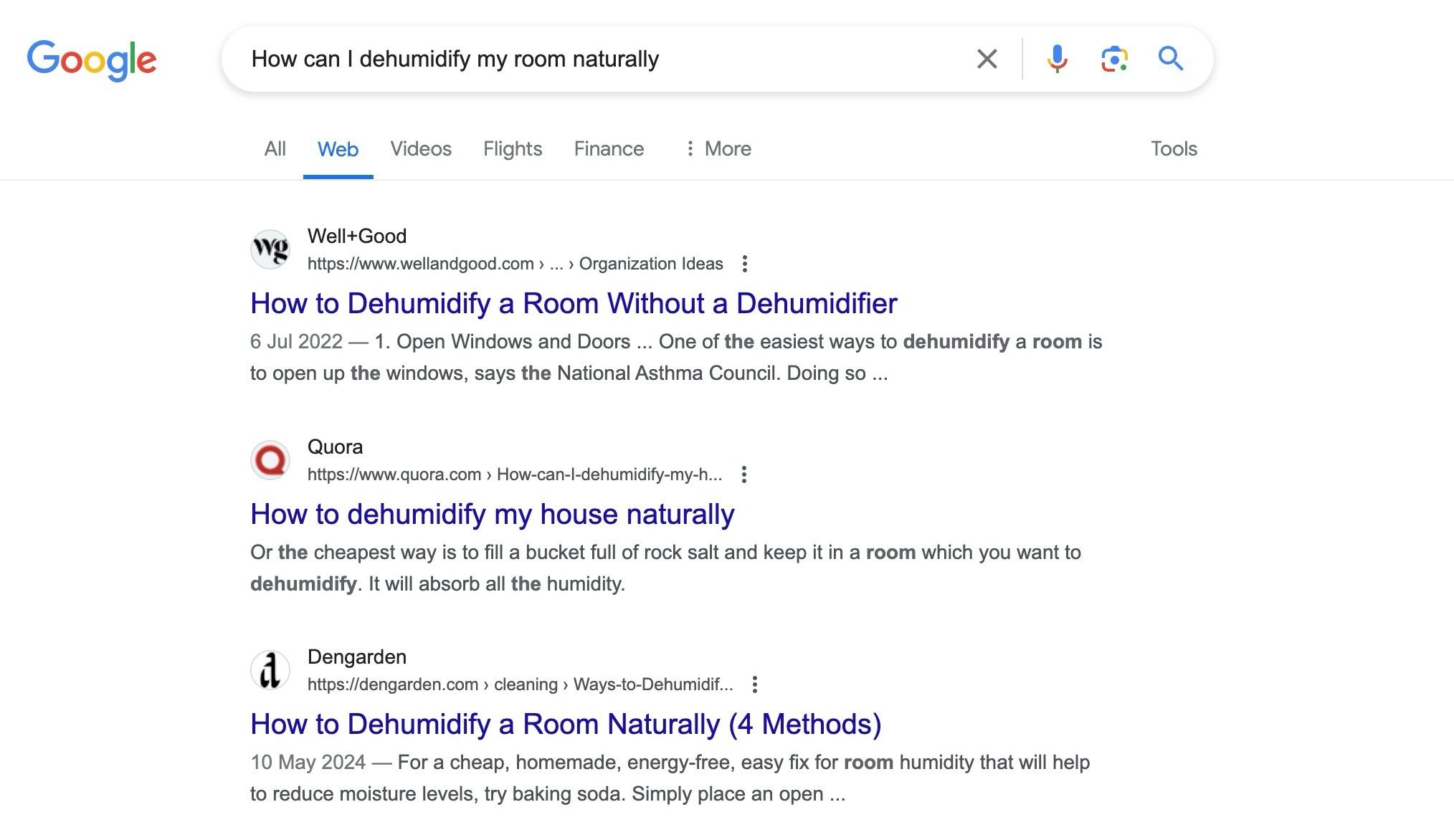 Página de pesquisa do Google sem filtro da web