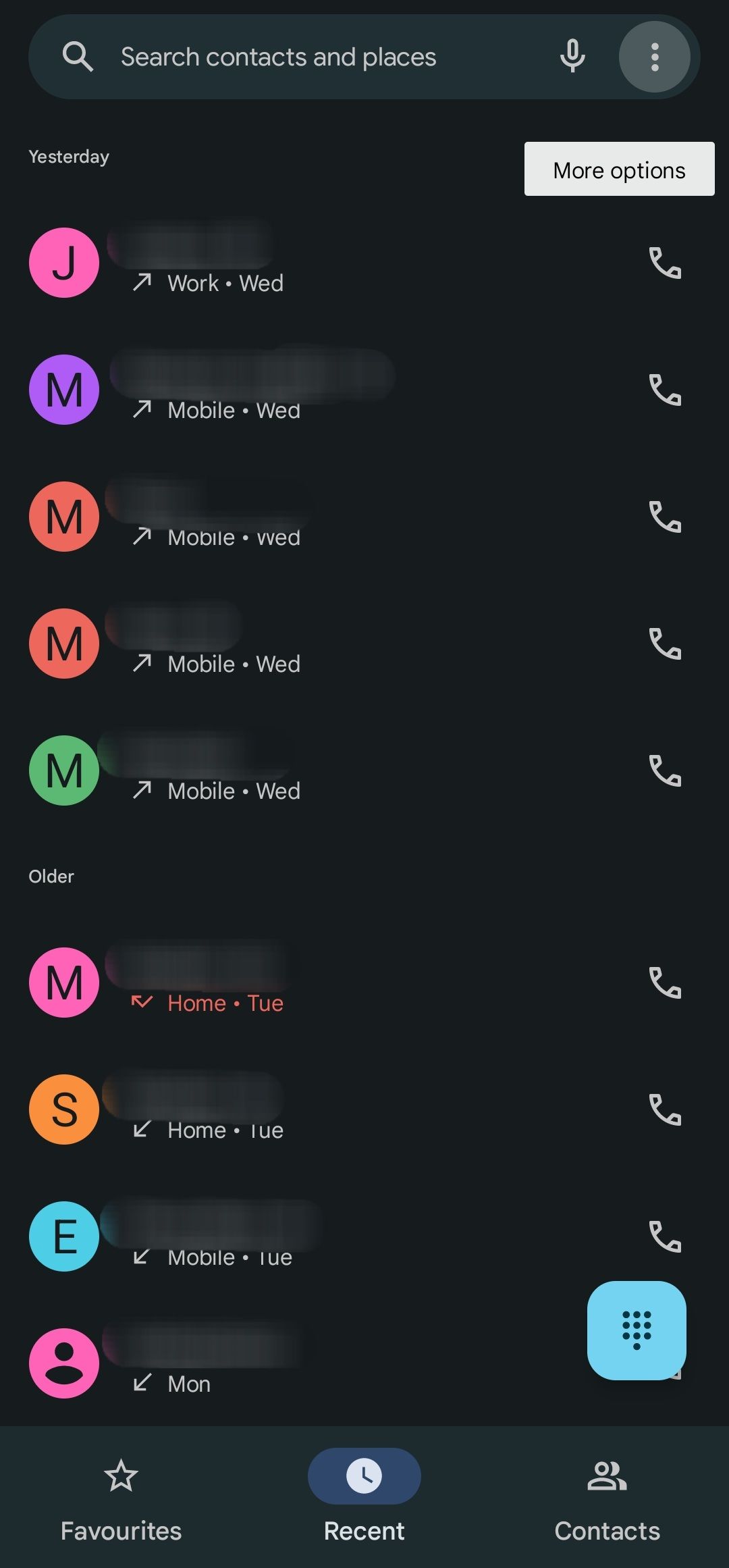 Tela de chamadas recentes do aplicativo Google Phone