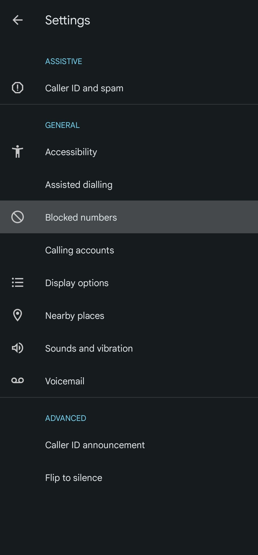 Tela de configurações do aplicativo Google Phone