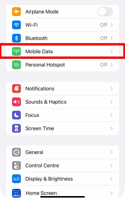 Menu de configurações do iOS com "Dados móveis" destacado