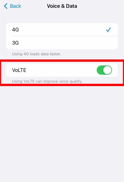 Configurações de voz e dados com alternância VoLTE ativada e opções para 4G e 3G.