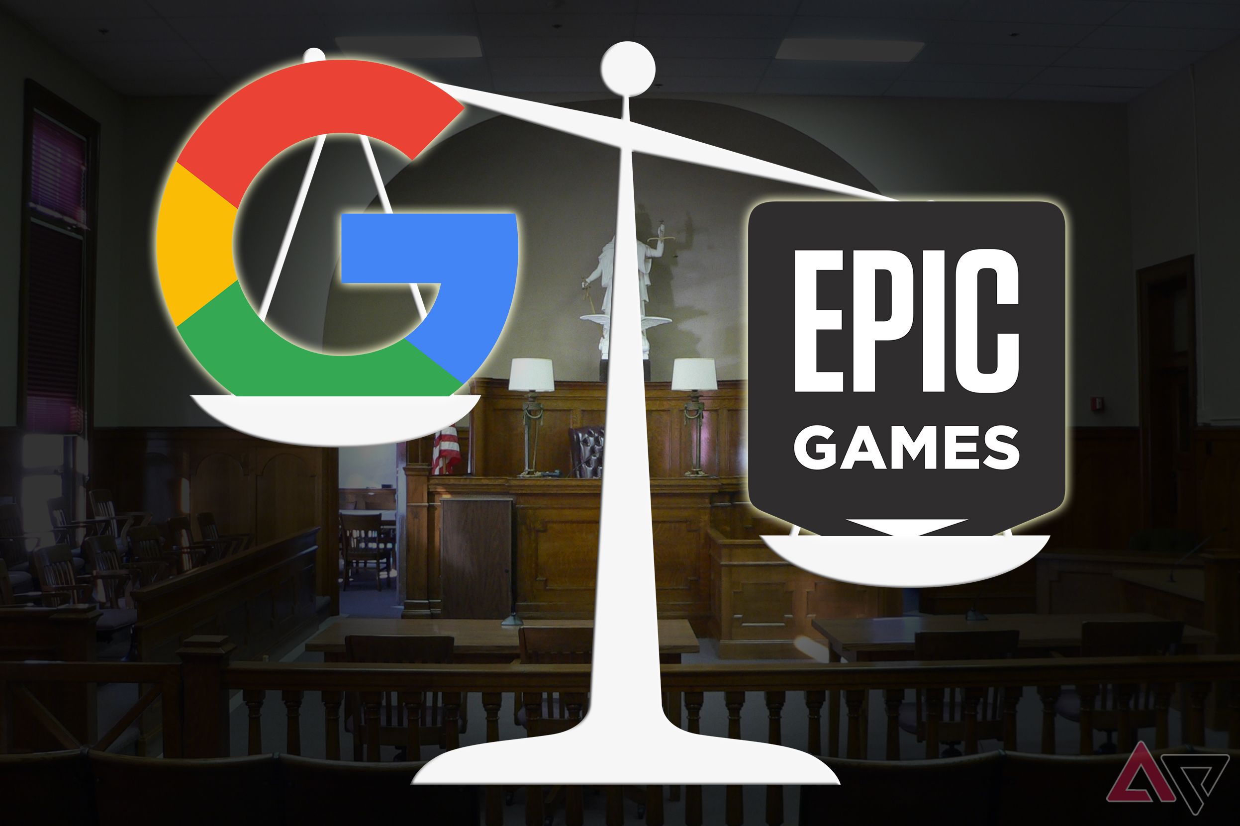 Logotipos da Epic e do Google na balança da justiça