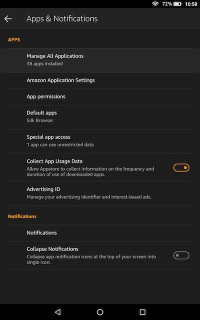Uma captura de tela mostrando o menu de aplicativos e notificações do Fire OS