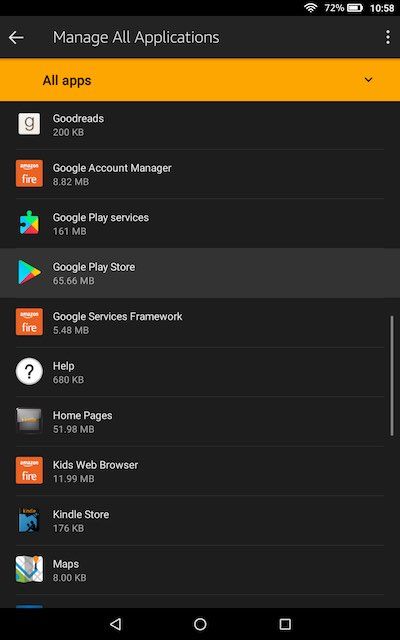 Uma captura de tela no Fire OS mostrando a Google Play Store no menu Configurações