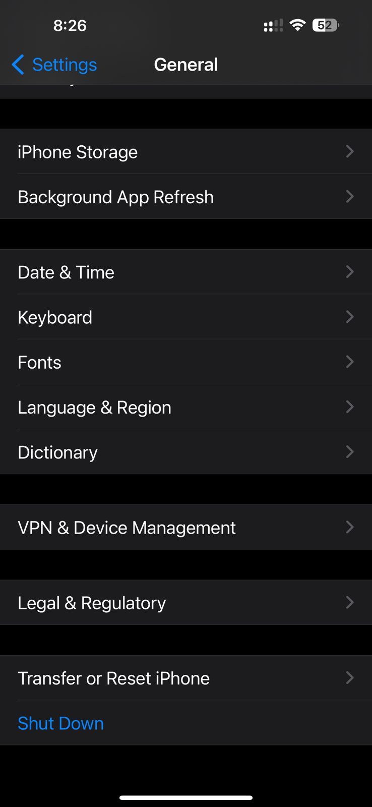 Captura de tela mostrando as configurações gerais do iPhone