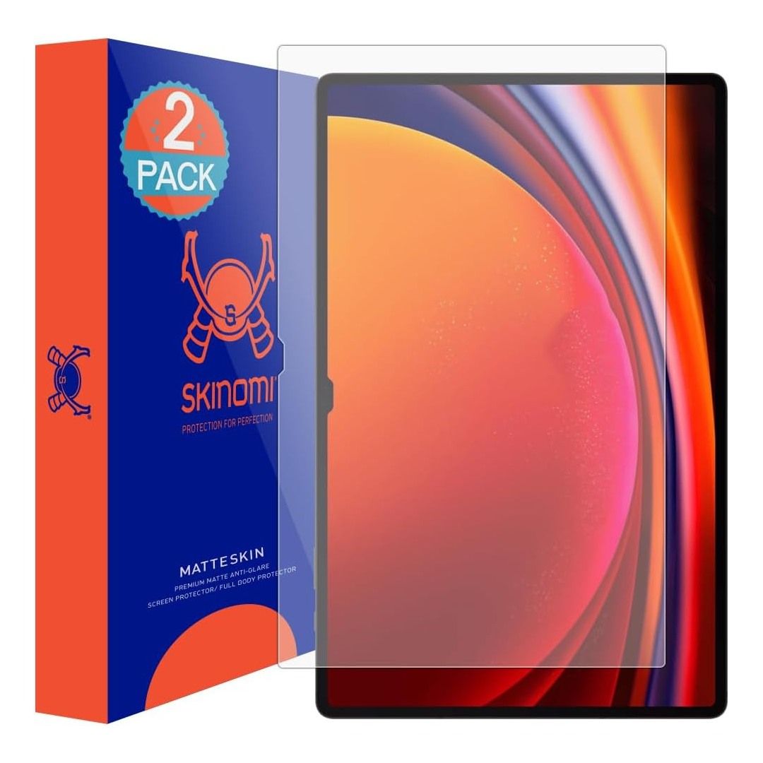 Uma renderização do protetor de tela Skinomi MatteSkin Galaxy Tab S9 Ultra e sua caixa