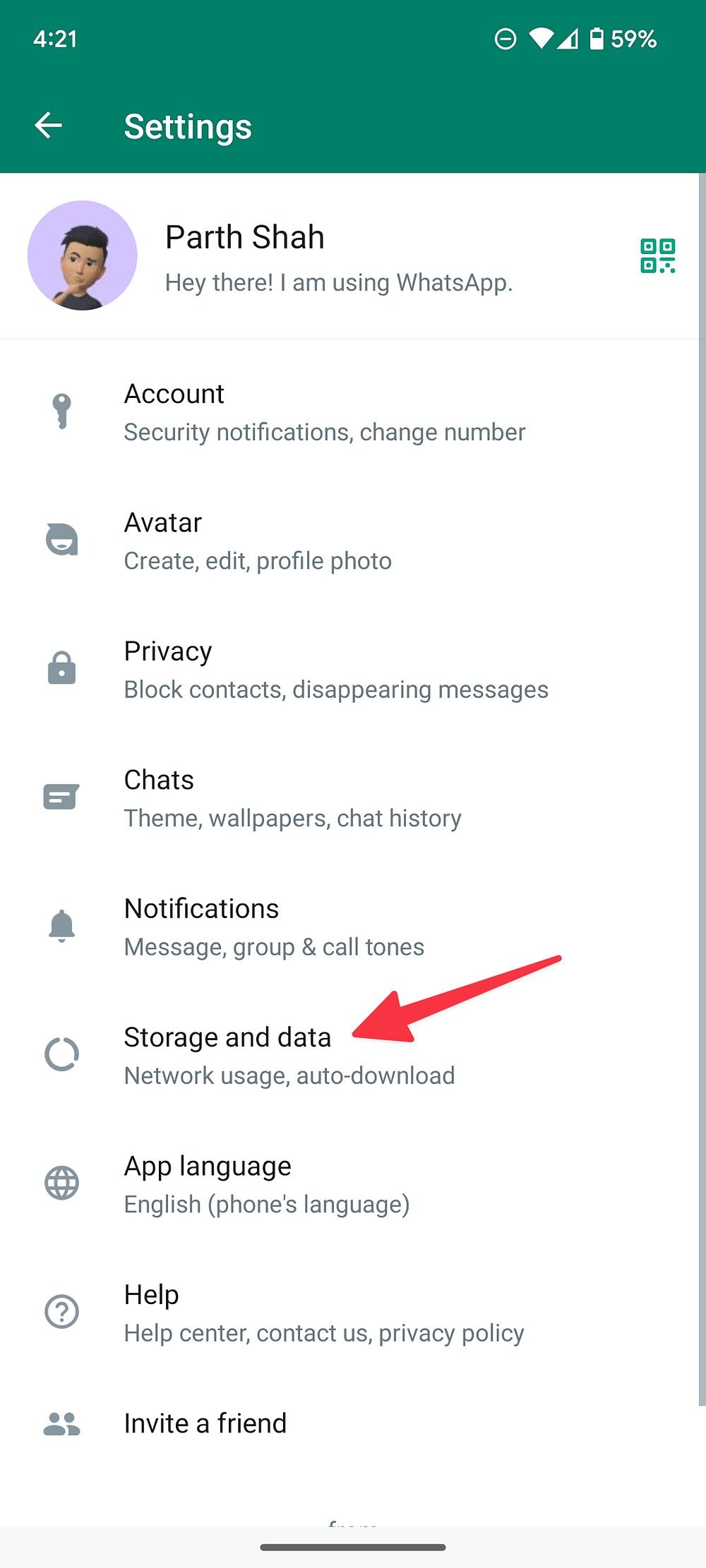 menu de armazenamento no WhatsApp para Android