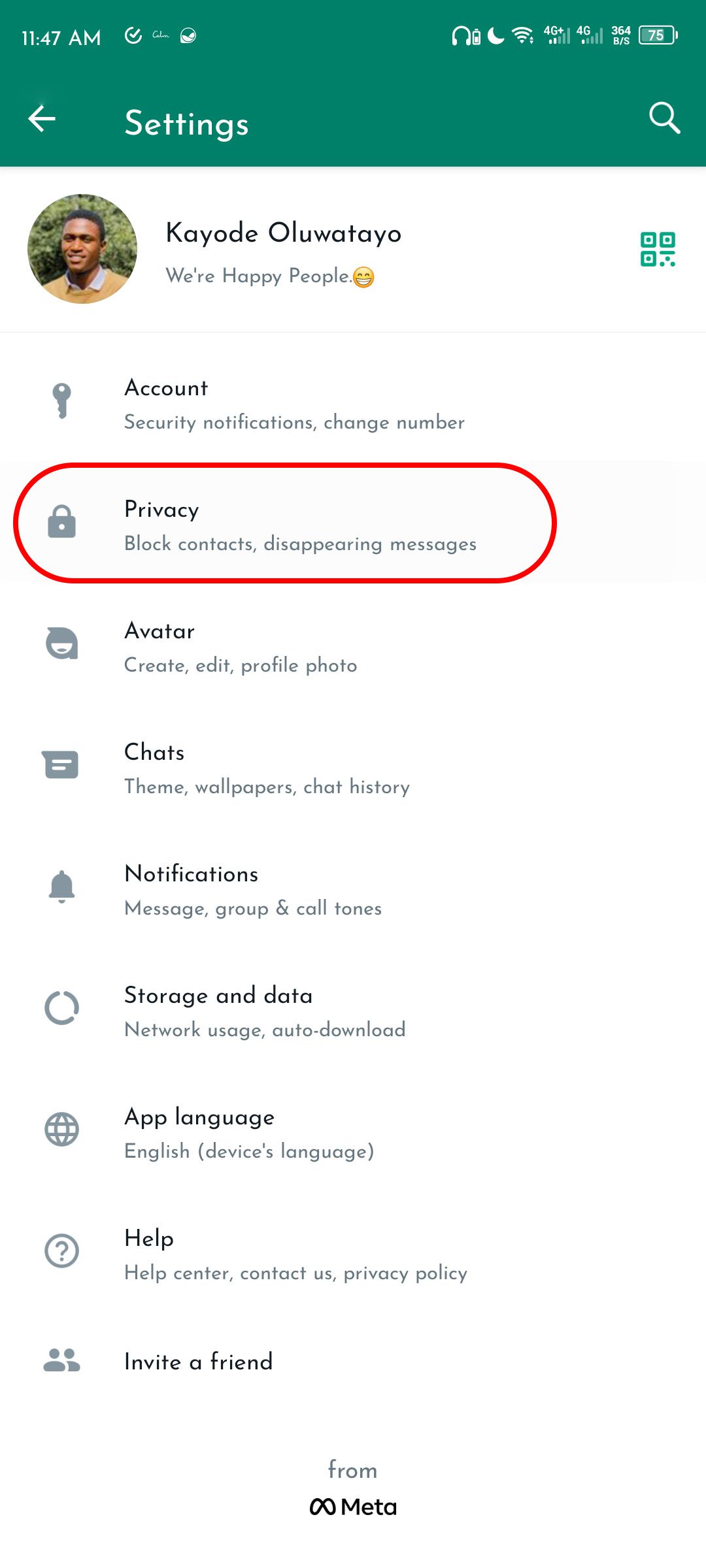 Configurações de privacidade do WhatsApp no ​​Android