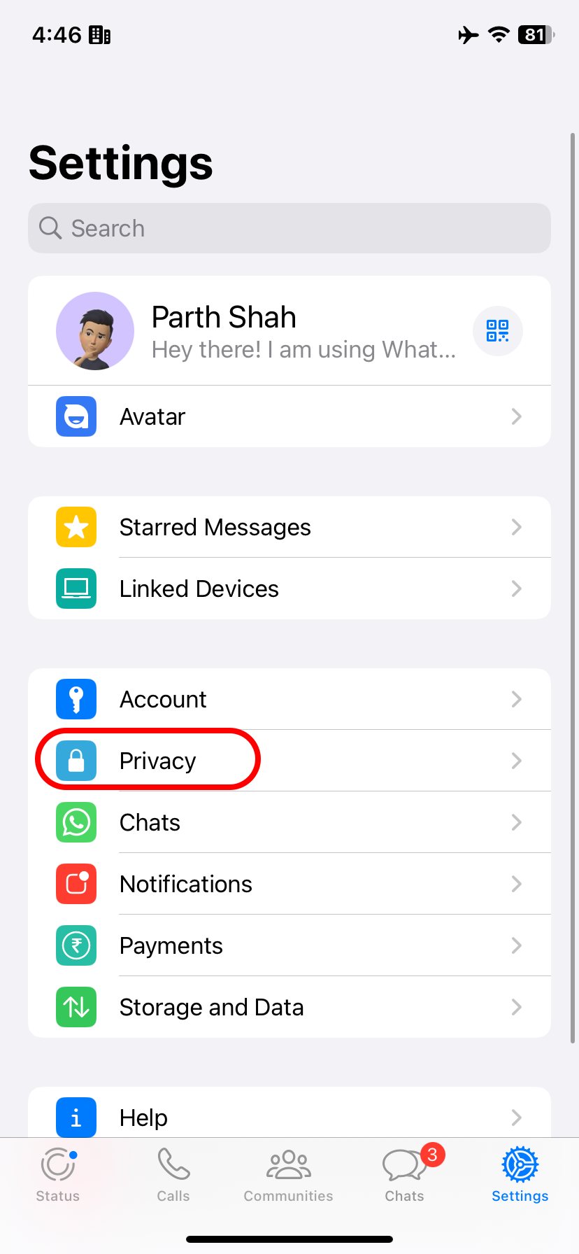 Acessando as configurações de privacidade do WhatsApp