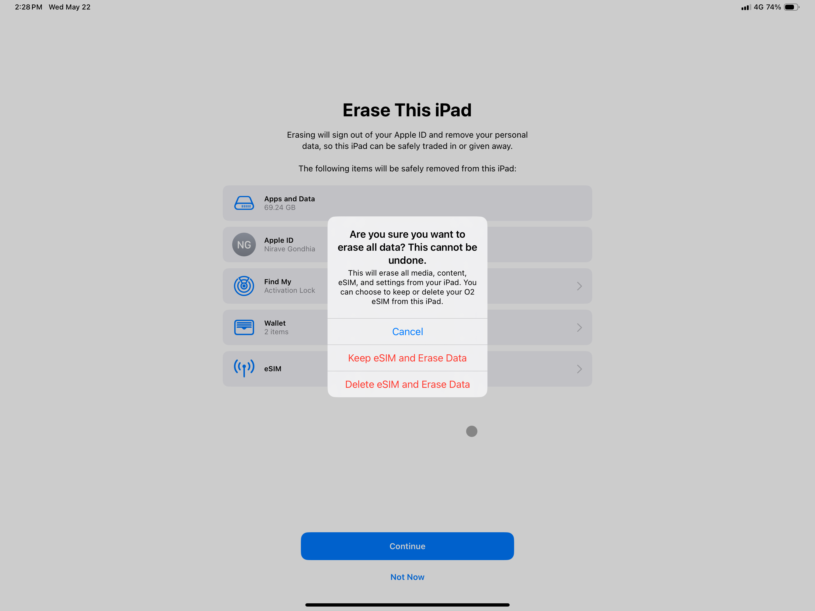 captura de tela mostrando a opção para confirmar a exclusão de dados do iPad