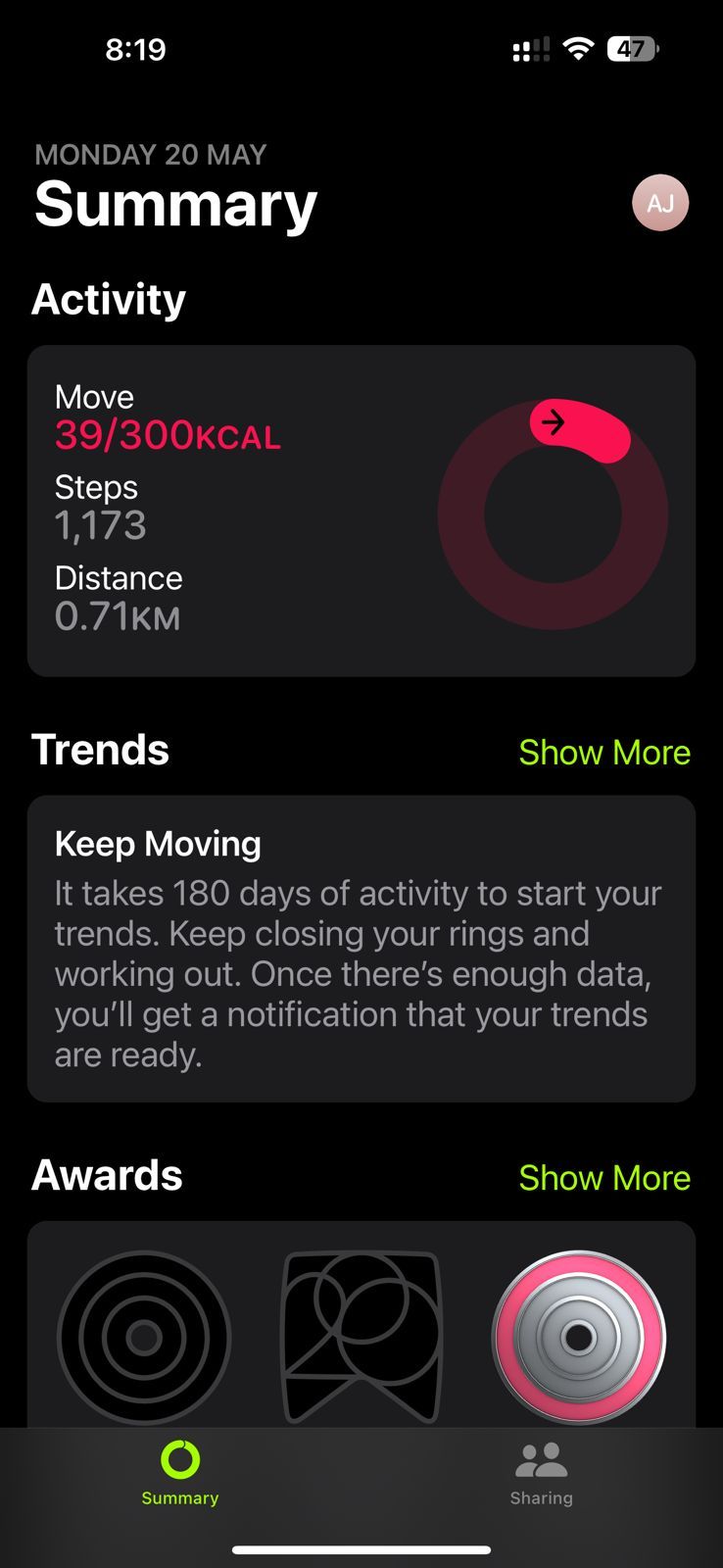 Captura de tela mostrando a página inicial do aplicativo Apple Fitness