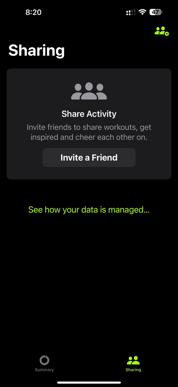 Captura de tela mostrando a guia de compartilhamento do aplicativo Apple Fitness