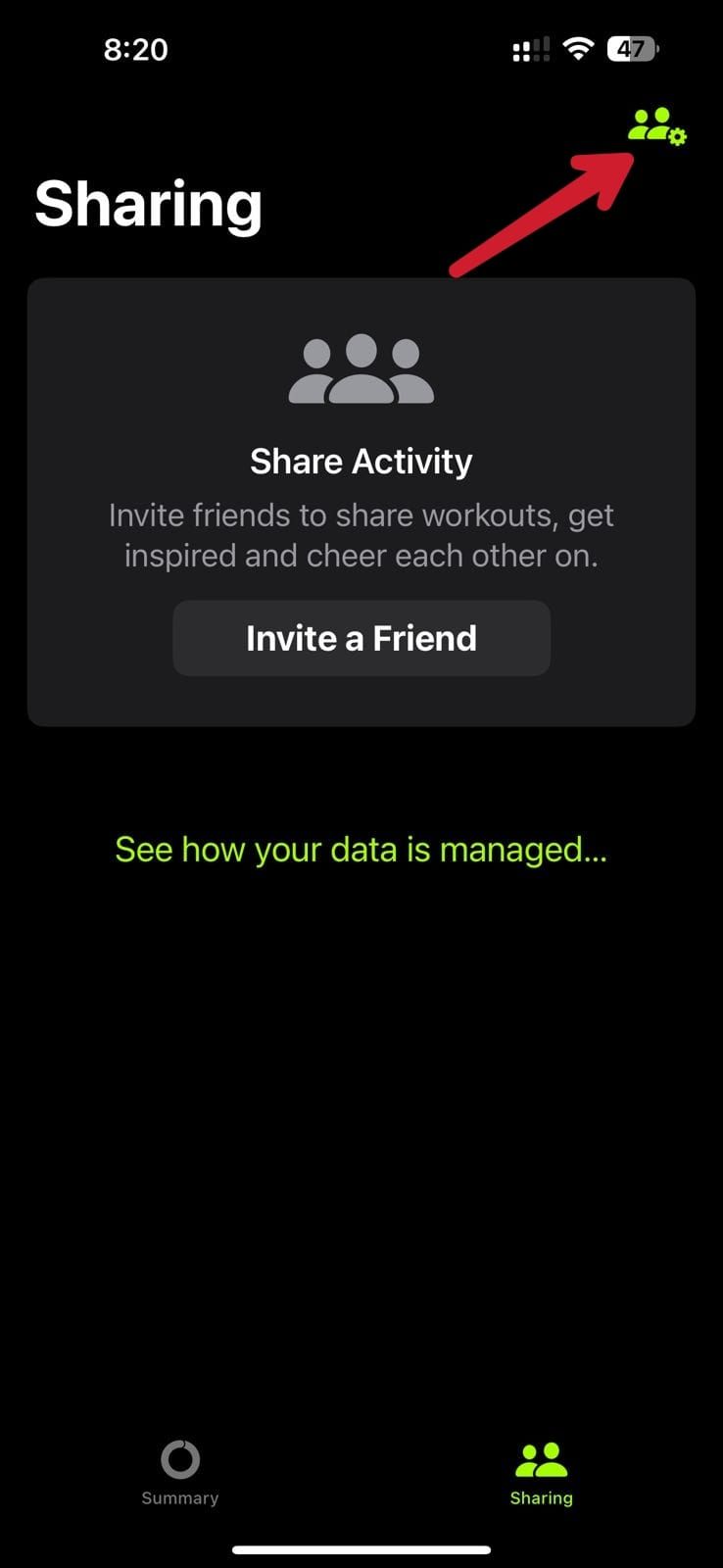 Captura de tela mostrando a opção de aceitar competições do Apple Watch no aplicativo Fitness