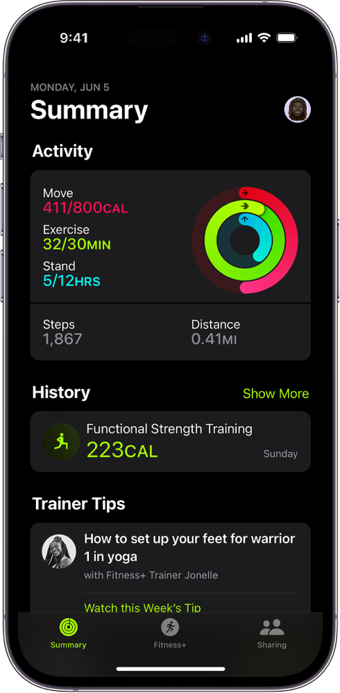 Imagem mostrando o resumo diário do aplicativo Fitness