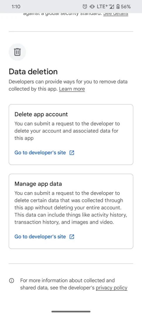 Selo de exclusão de dados da conta na Google Play Store