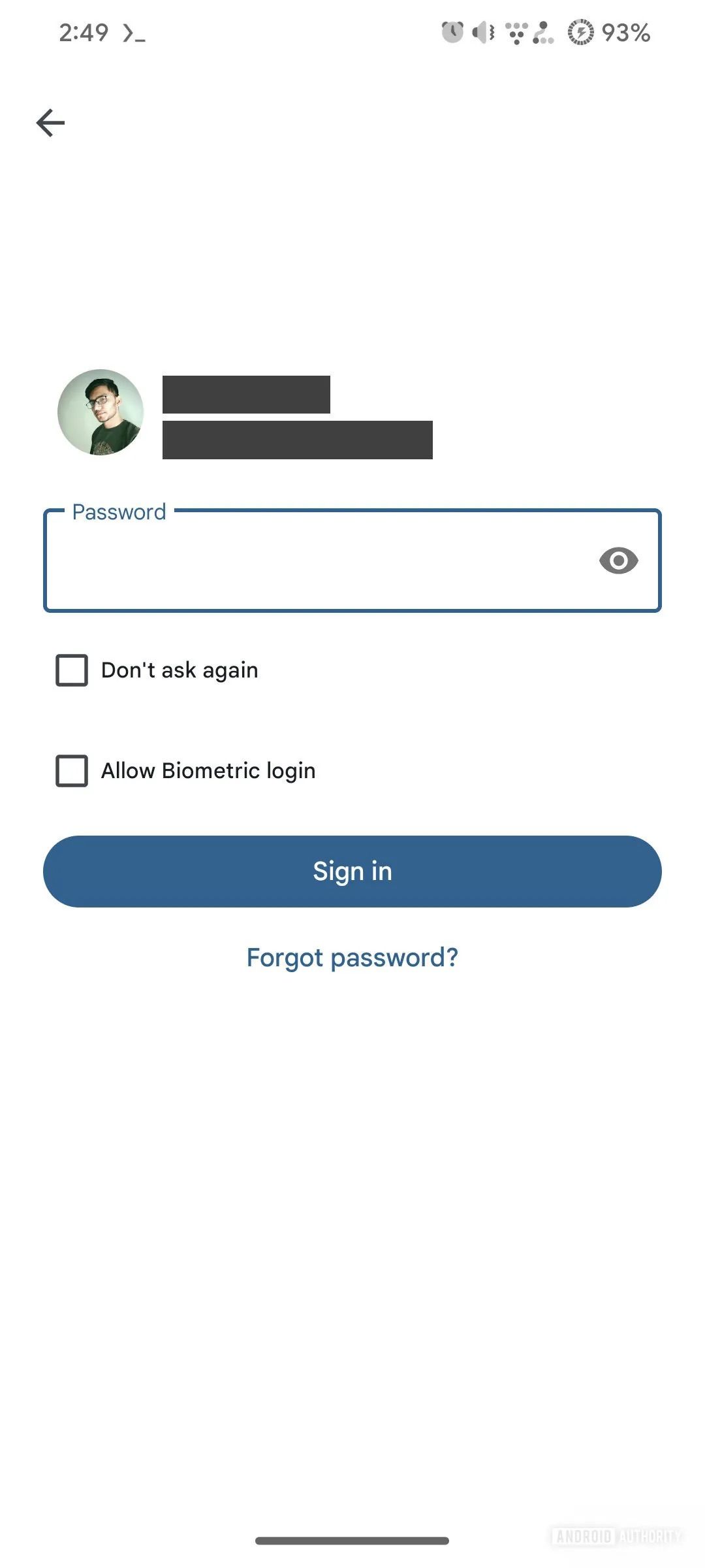 Opção de login biométrico no aplicativo Encontre Meu Dispositivo