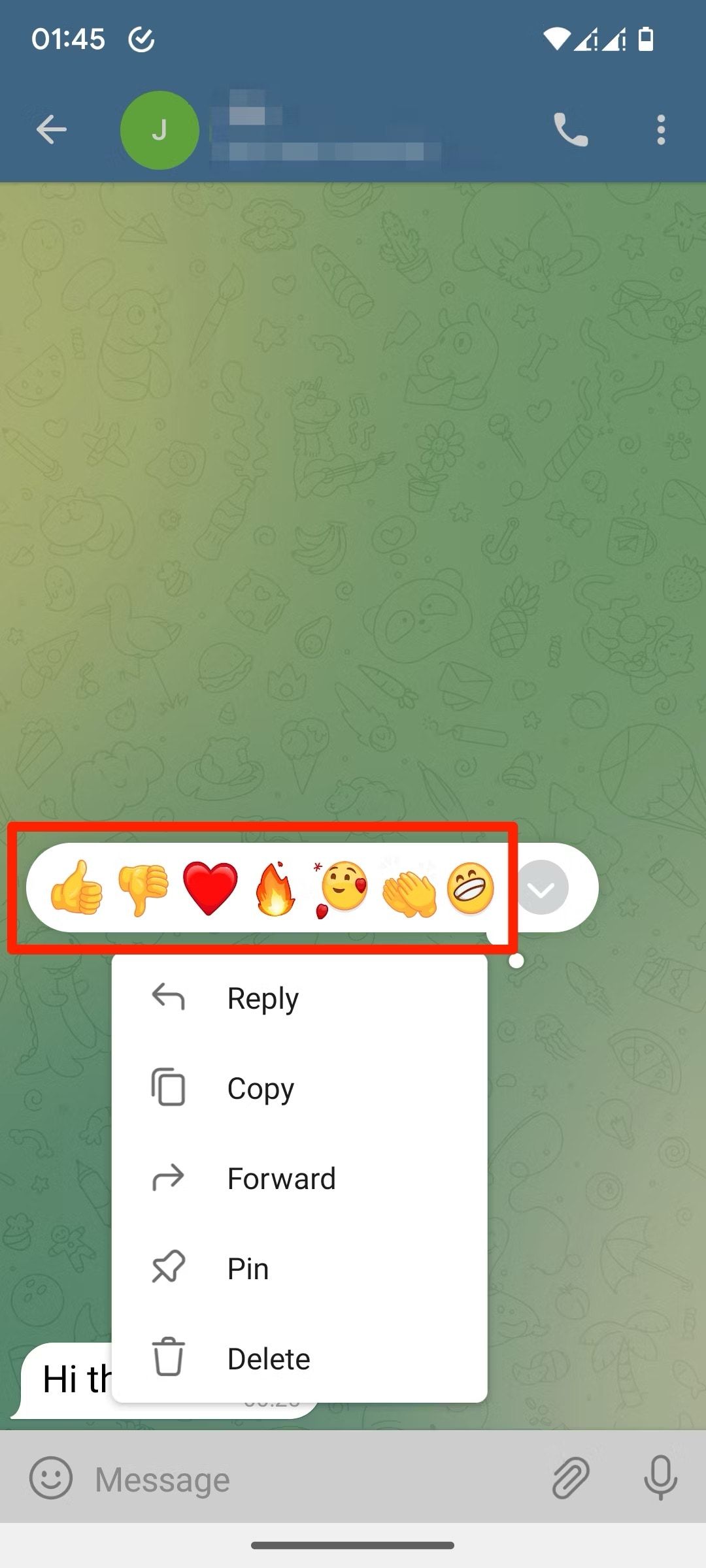 Captura de tela do menu de reação emoji no Telegram