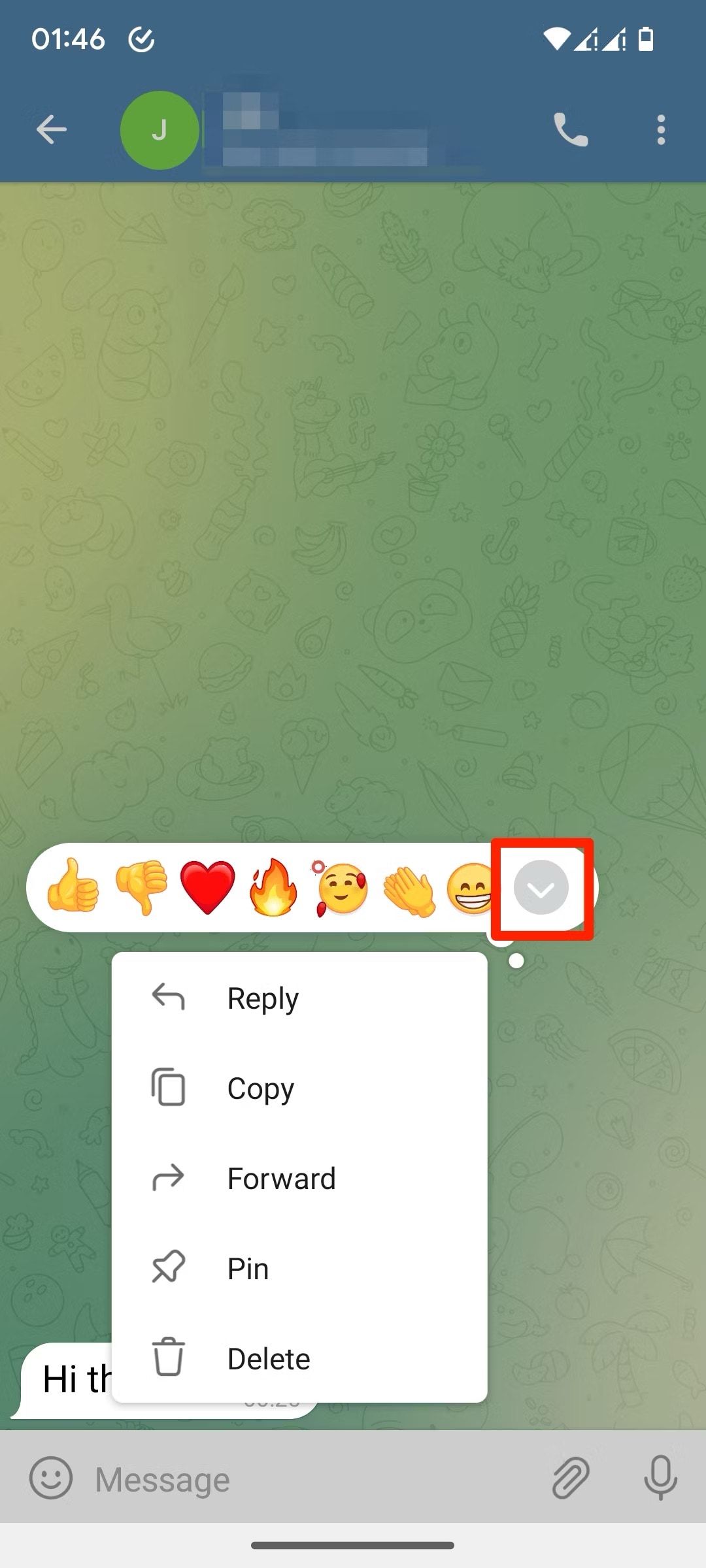 Captura de tela da seta suspensa do menu de reação emoji do telegrama