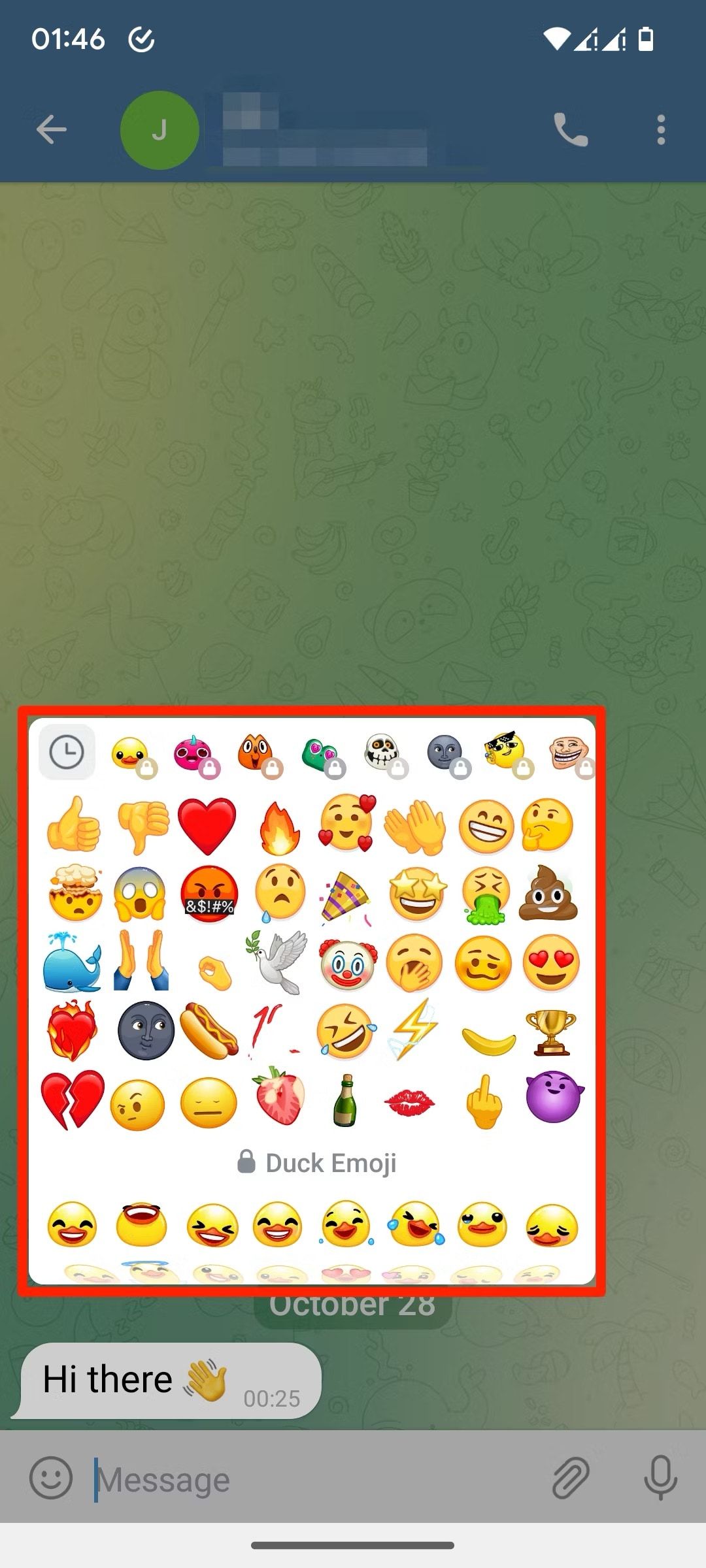 Captura de tela da página de seleção de reação de emoji do Telegram