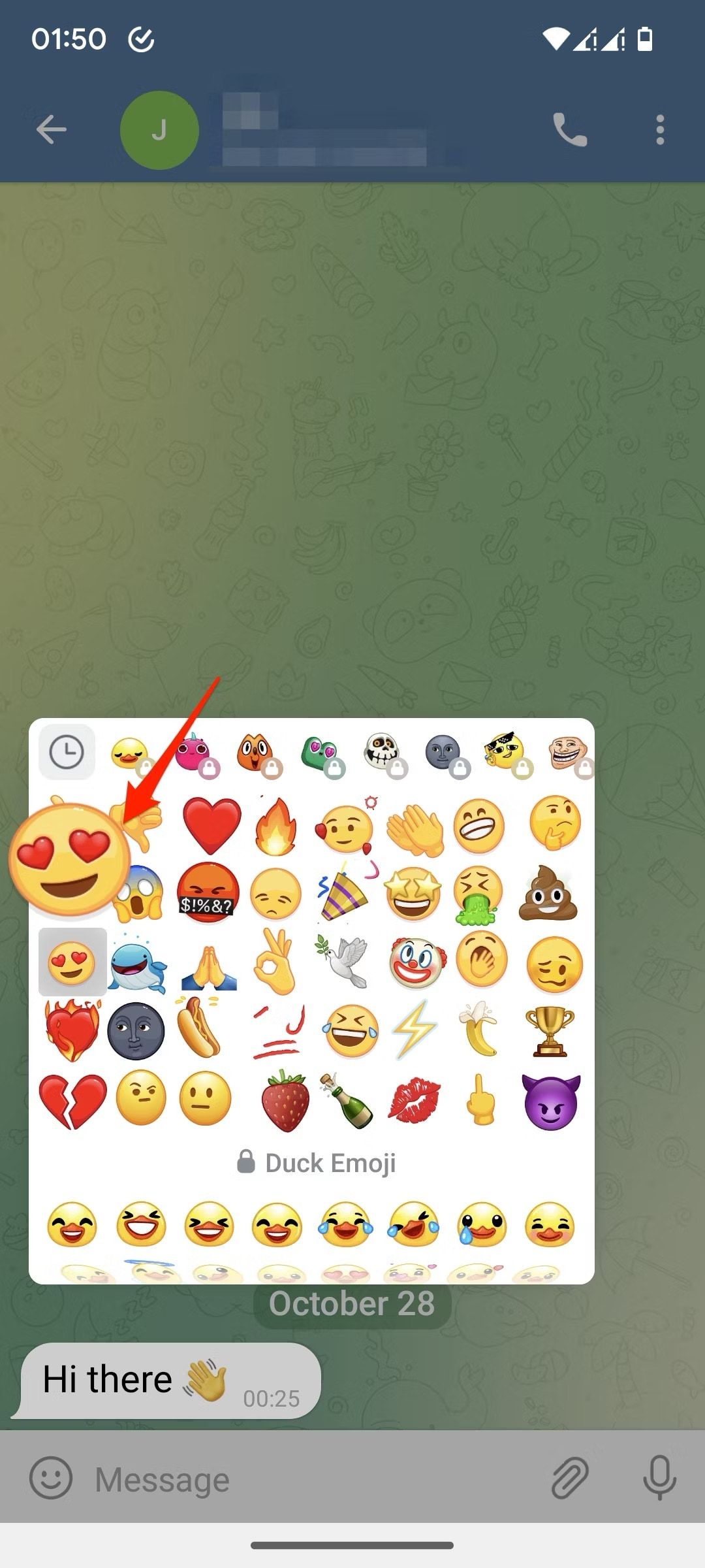 Captura de tela do Telegram mostrando emoji pressionado para adicionar animação