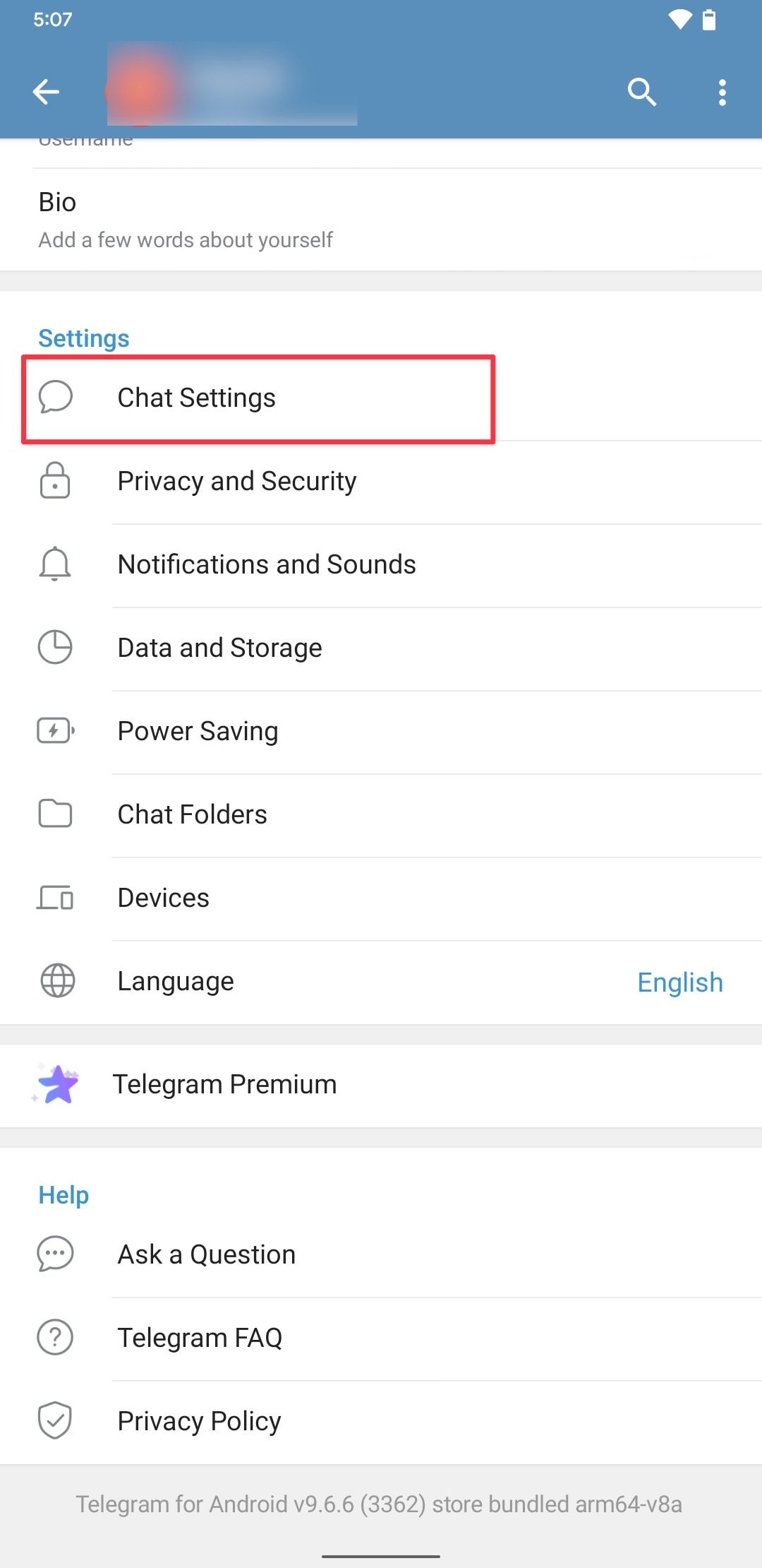 Captura de tela da página de configurações do Telegram mostrando a opção Configurações de bate-papo