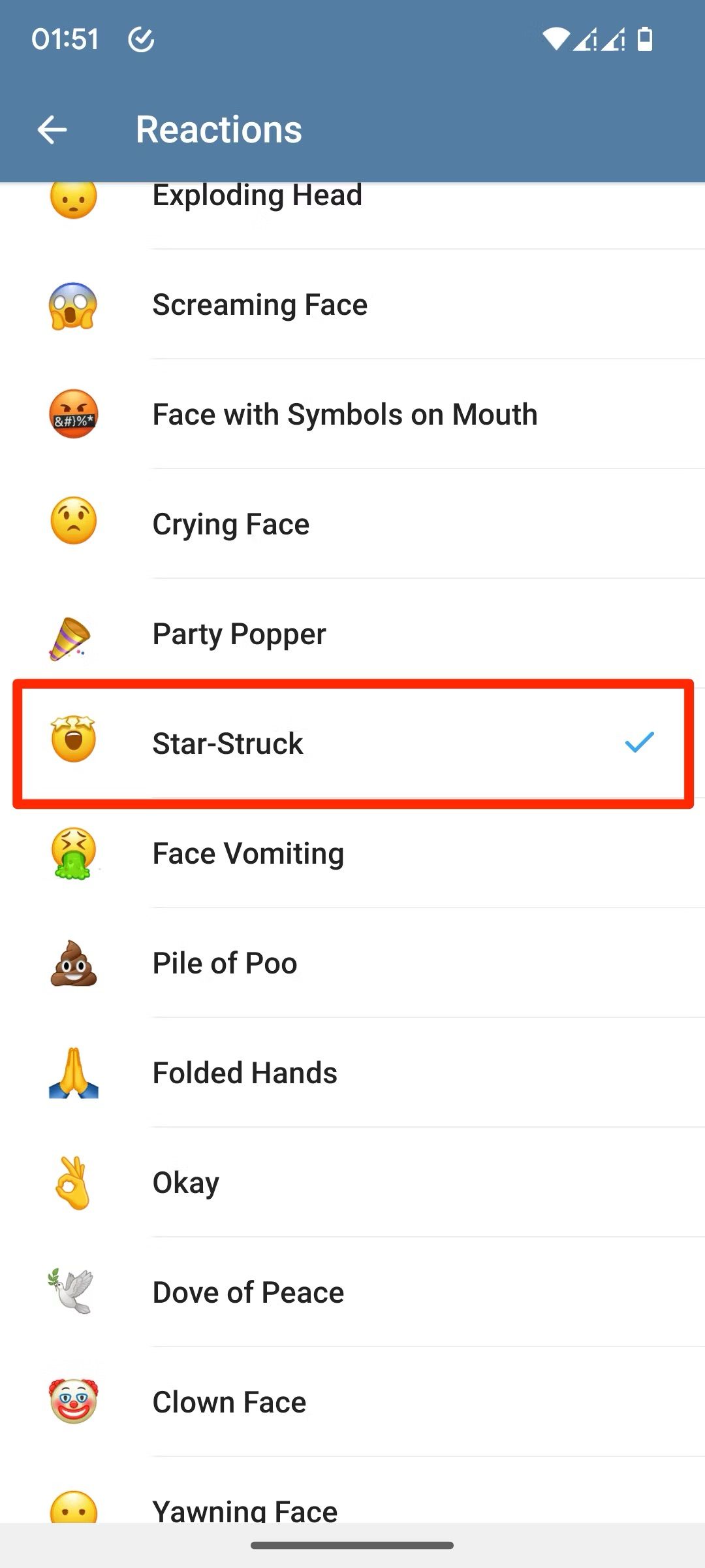 Escolhendo emoji padrão para reação no Telegram