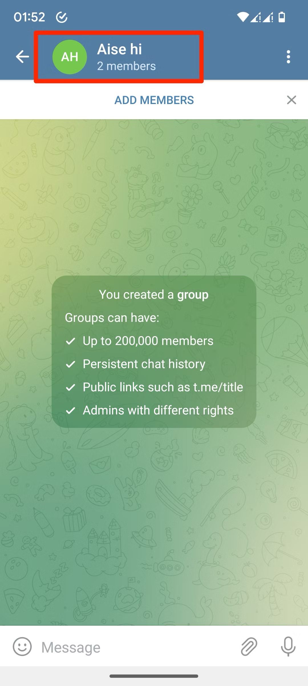 Captura de tela do bate-papo em grupo do Telegram mostrando a seleção do perfil