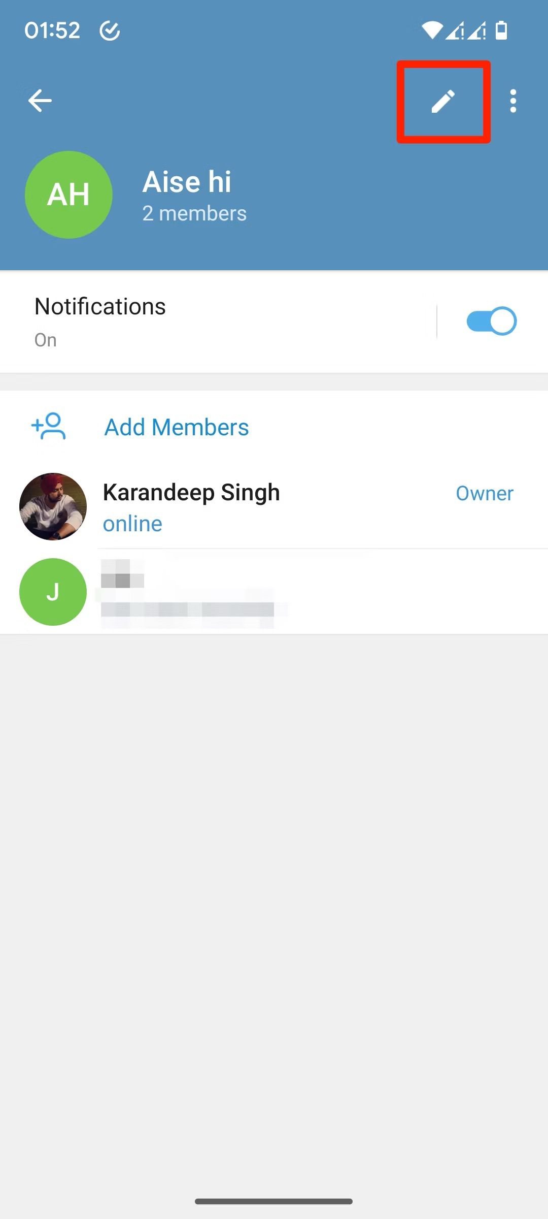 Captura de tela do botão de edição do grupo da janela de bate-papo do Telegram
