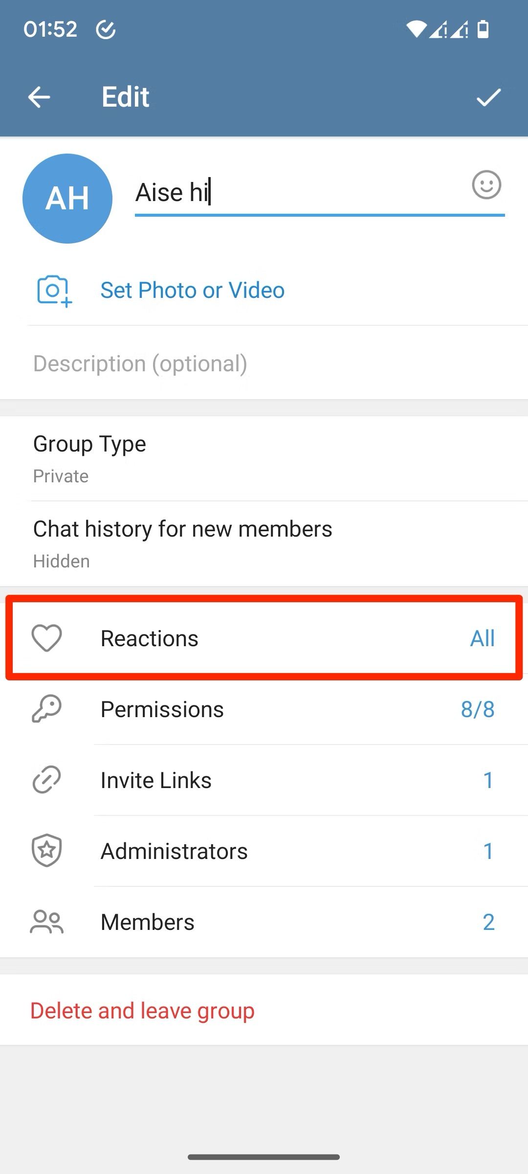 Captura de tela da página de edição do grupo Telegram mostrando as configurações de reações