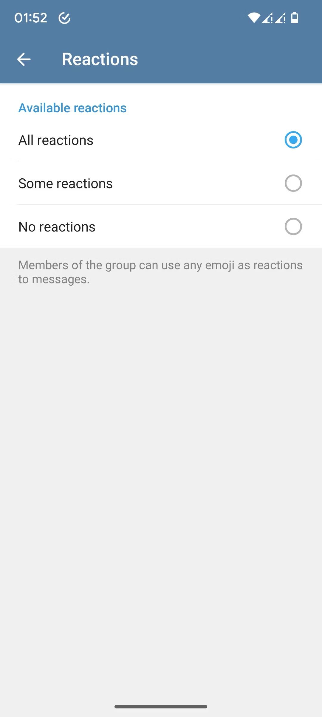 Captura de tela da página de configurações de reações de bate-papo em grupo do Telegram