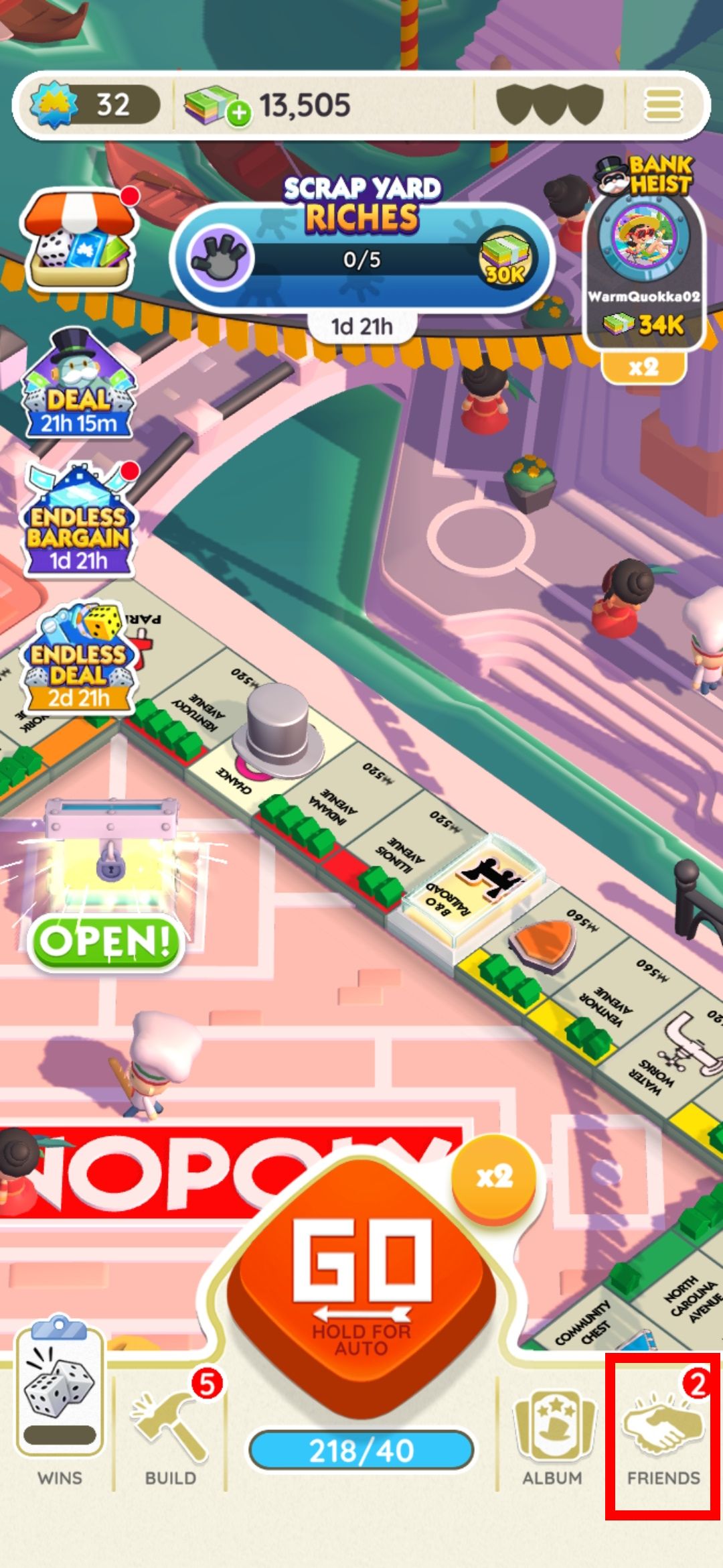 contorno de retângulo vermelho destacando o menu de amigos no aplicativo monopoly go
